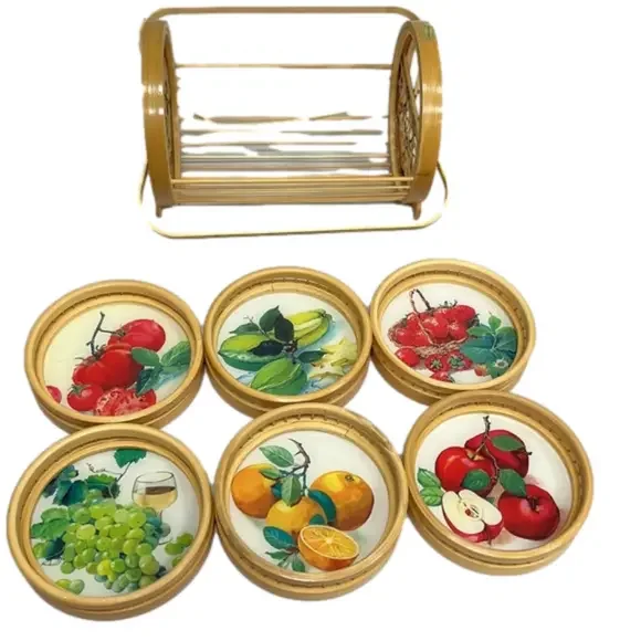 Vintage Bamboo Ratan 7-Piece Coaster Set in Stand Round Fruit‎ Decor Bohemian - Picture 3 of 11